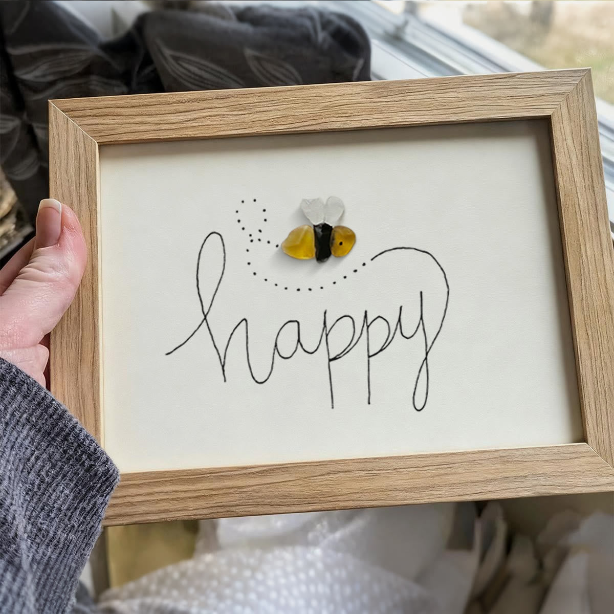 Bee Happy Sea Glass Card Artwork With Frame - image 0