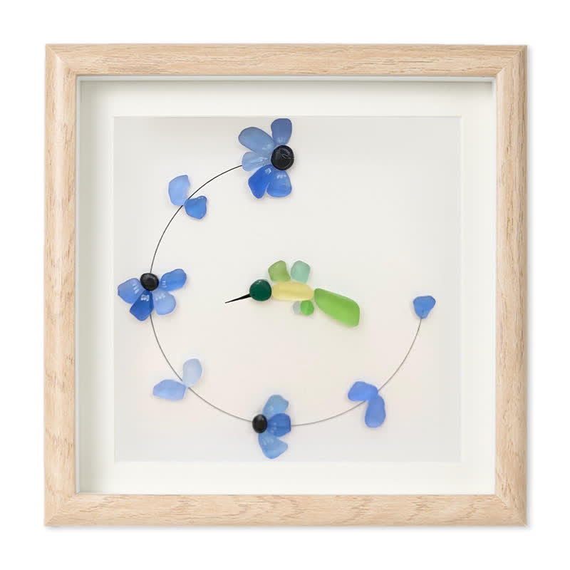 Flying Hummingbird Blue Flowers Sea Glass Framed Art - Oak - 8" X 8" - image 8
