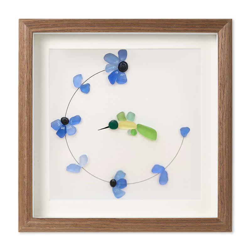 Flying Hummingbird Blue Flowers Sea Glass Framed Art - Walnut Brown - 8" X 8" - image 9