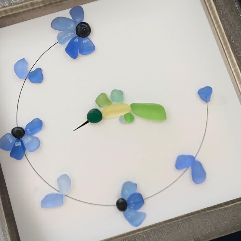 Flying Hummingbird Blue Flowers Sea Glass Framed Art - image 3