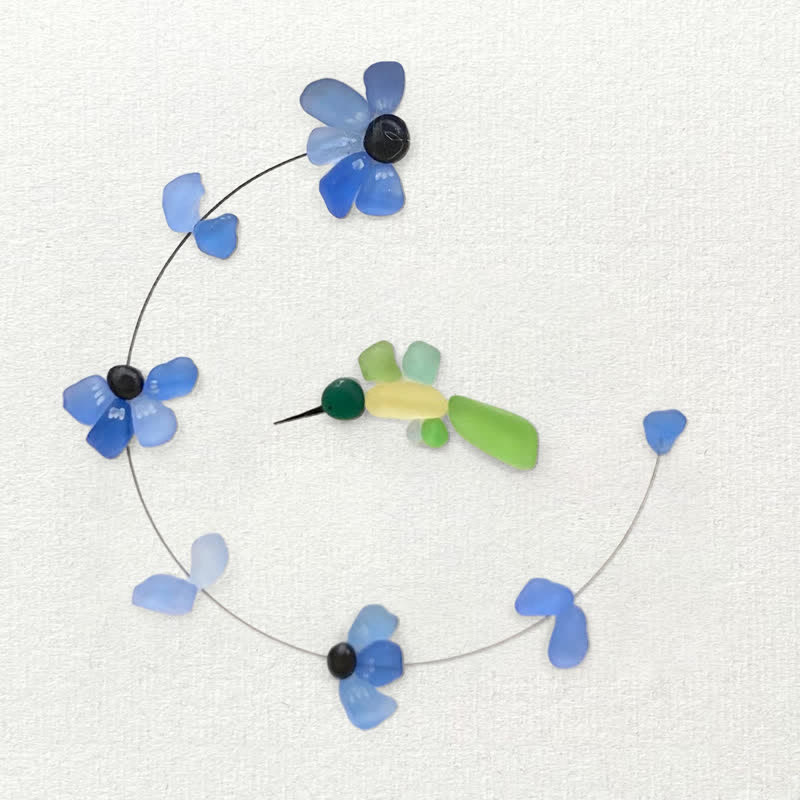 Flying Hummingbird Blue Flowers Sea Glass Framed Art - image 2