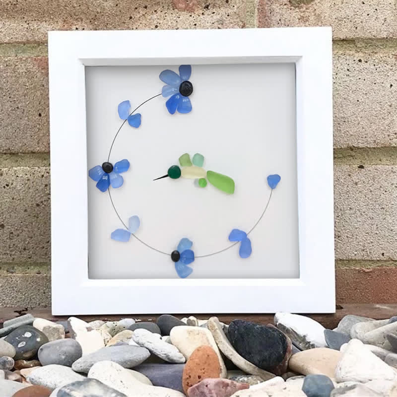Flying Hummingbird Blue Flowers Sea Glass Framed Art - image 6