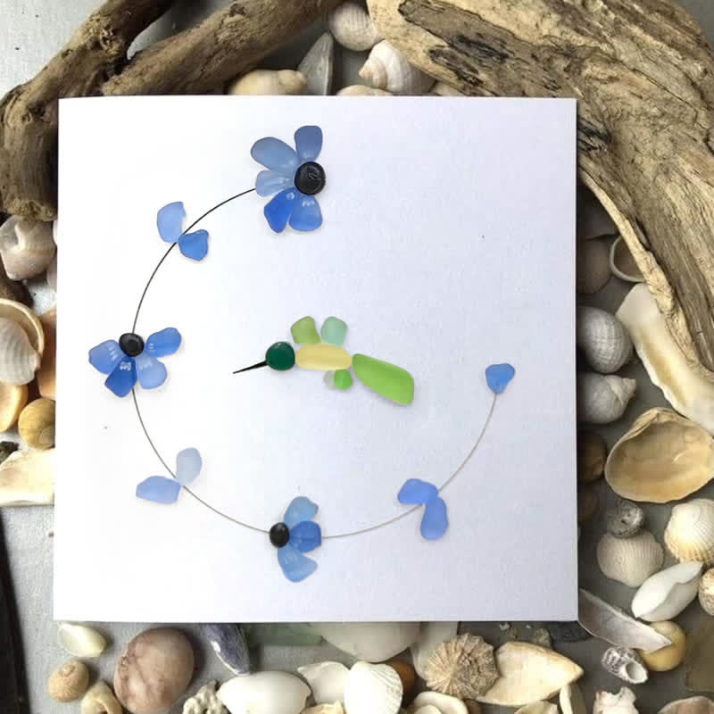 Flying Hummingbird Blue Flowers Sea Glass Framed Art - Seaglass Card - 8" X 8" - image 1