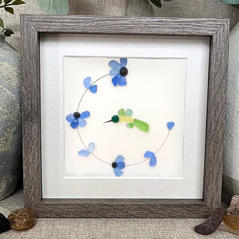 Flying Hummingbird Blue Flowers Sea Glass Framed Art - image 0