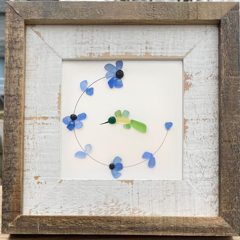 Flying Hummingbird Blue Flowers Sea Glass Framed Art - image 4