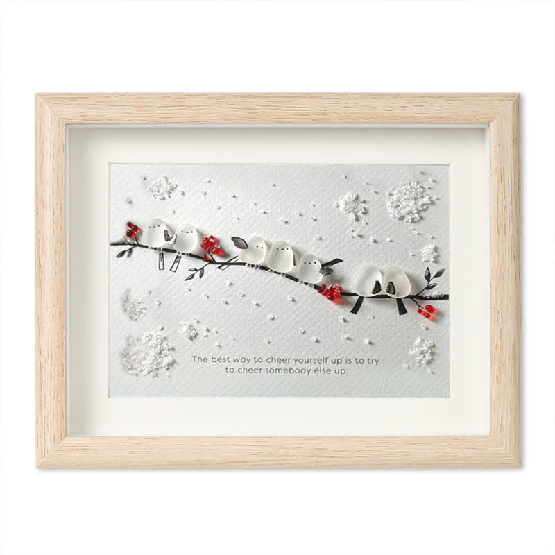 Heartwarming Birds On Snowy Branch Sea Glass Framed Art - Oak - 6" X 8" - image 11