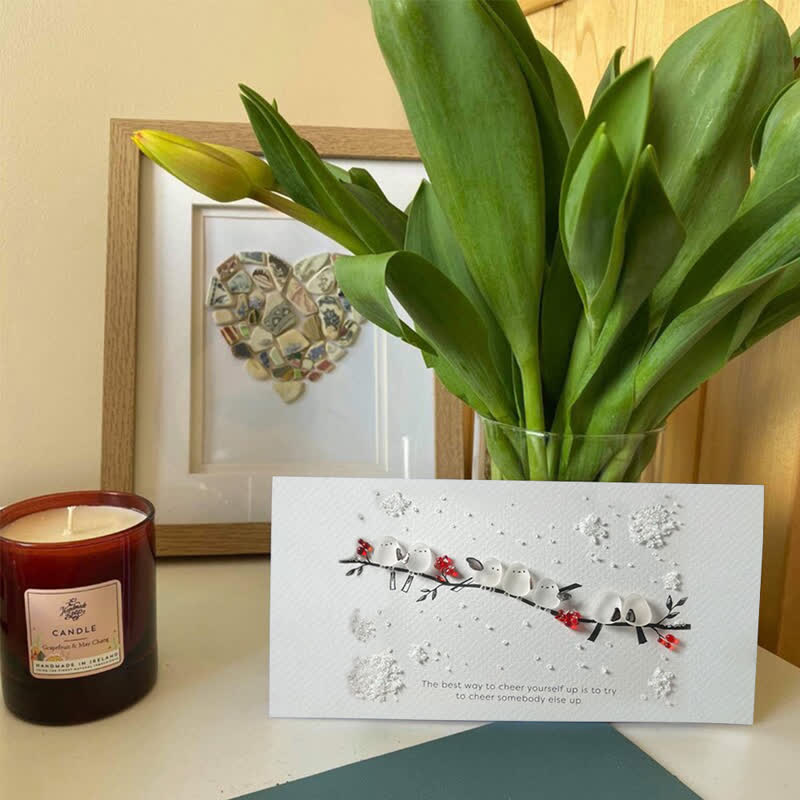 Heartwarming Birds On Snowy Branch Sea Glass Framed Art - Seaglass Card - 6" X 8" - image 1