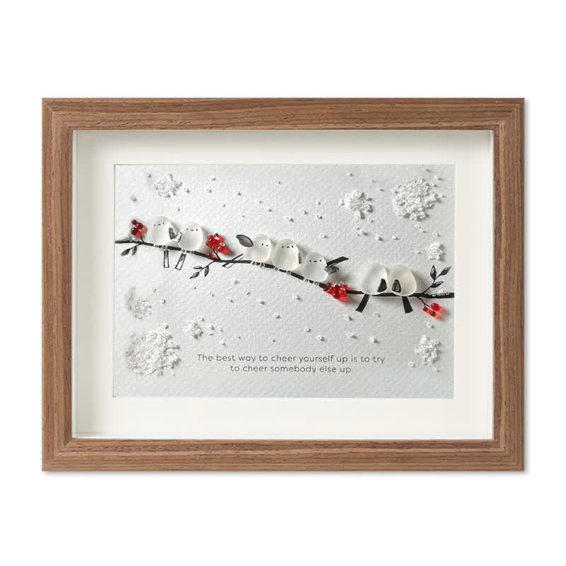 Heartwarming Birds On Snowy Branch Sea Glass Framed Art - Walnut Brown - 6" X 8" - image 12