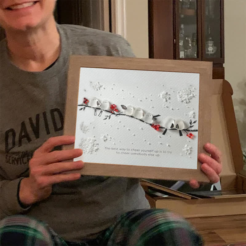 Heartwarming Birds On Snowy Branch Sea Glass Framed Art - image 4