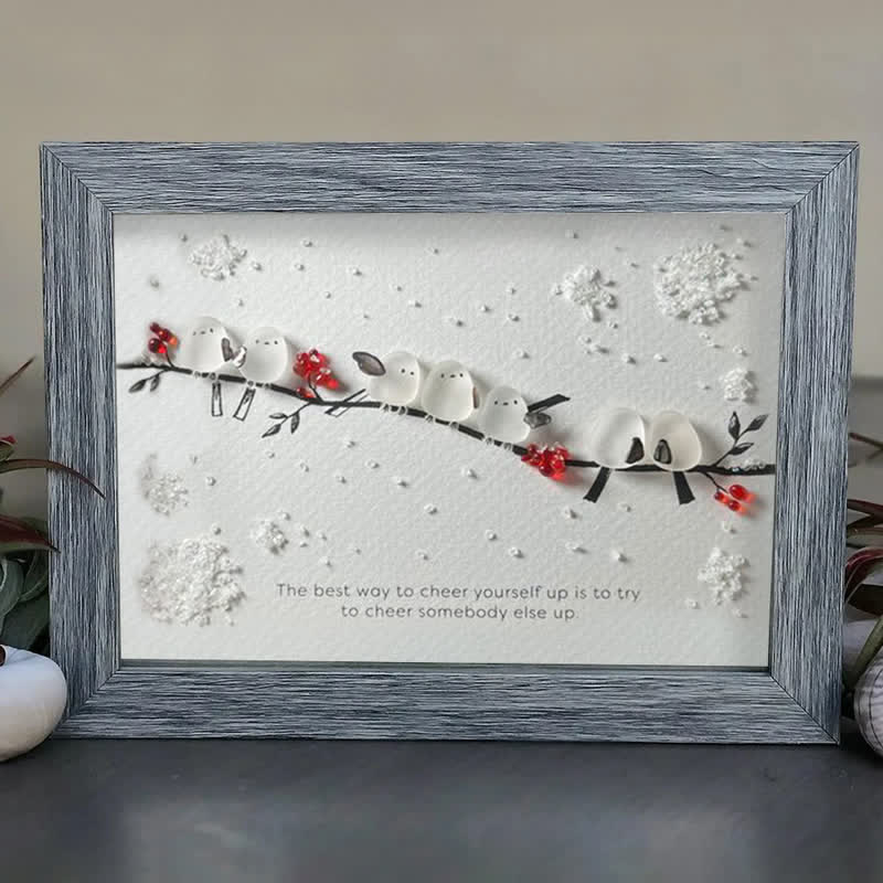 Heartwarming Birds On Snowy Branch Sea Glass Framed Art - image 0