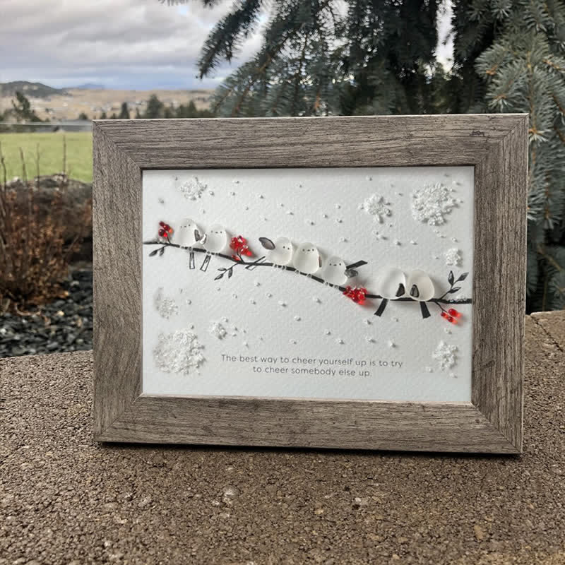 Heartwarming Birds On Snowy Branch Sea Glass Framed Art - image 3