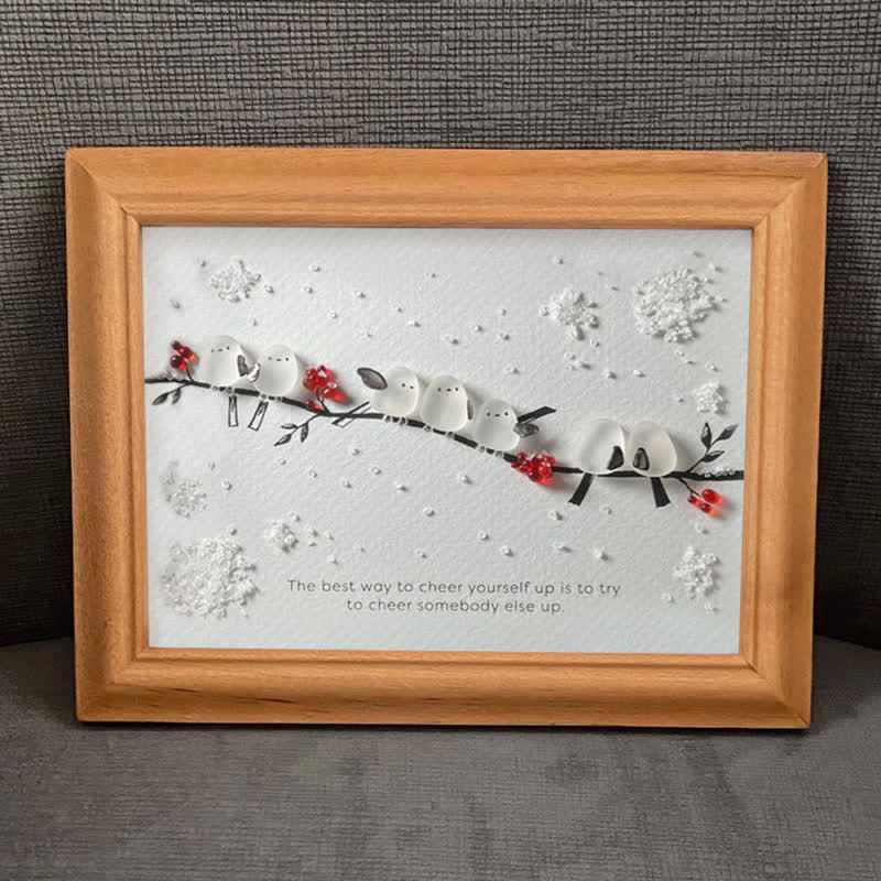 Heartwarming Birds On Snowy Branch Sea Glass Framed Art - image 8
