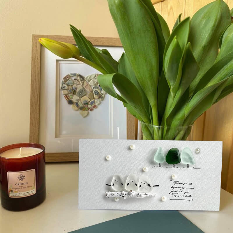 "Try Your Best" Birds And Trees Sea Glass Framed Art - Seaglass Card - 6" X 8" - image 1