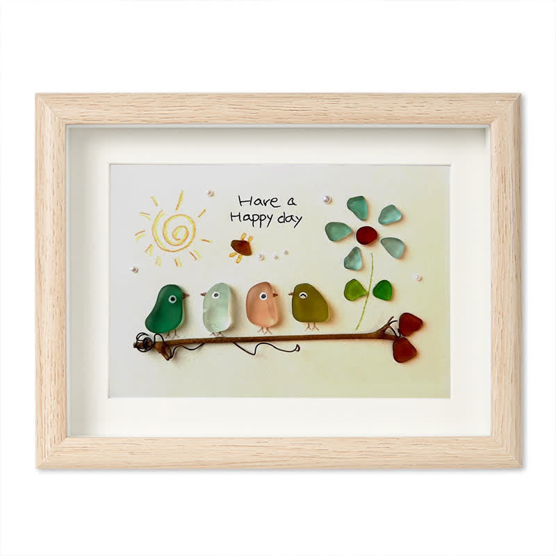 "Have a Happy Day" Birds & Sunny Sea Glass Framed Art - Oak - 6" X 8" - image 10