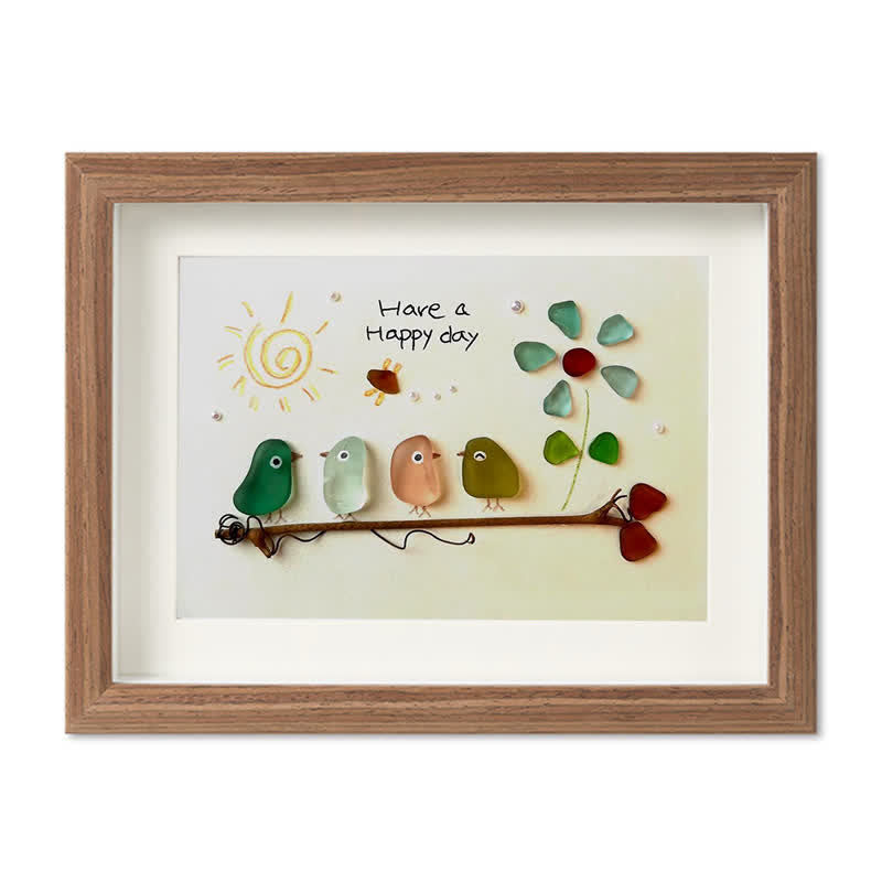 "Have a Happy Day" Birds & Sunny Sea Glass Framed Art - Walnut Brown - 6" X 8" - image 11
