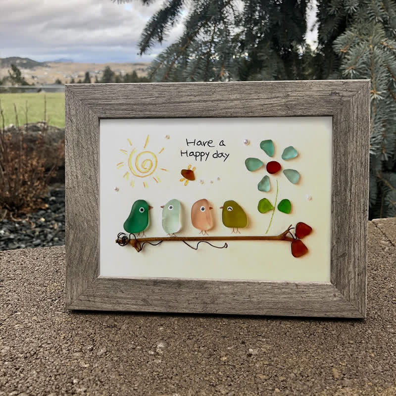 "Have a Happy Day" Birds & Sunny Sea Glass Framed Art - image 0