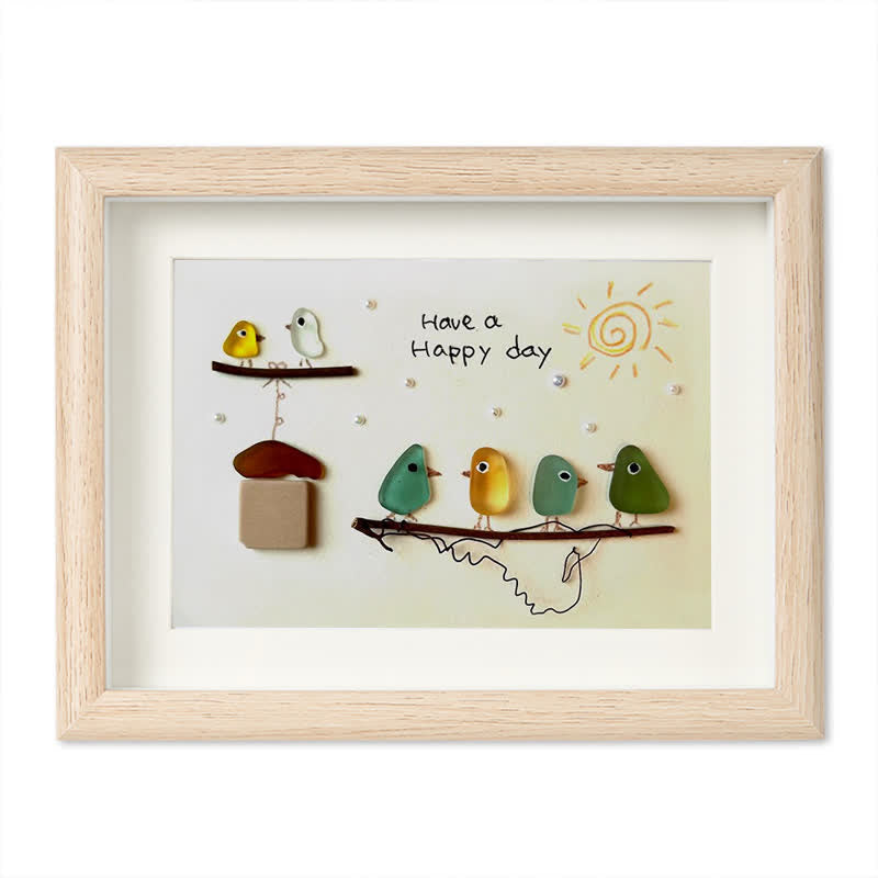 "Have a Happy Day" Cheerful Birdhouse Sea Glass Framed Art - Oak - 6" X 8" - image 11