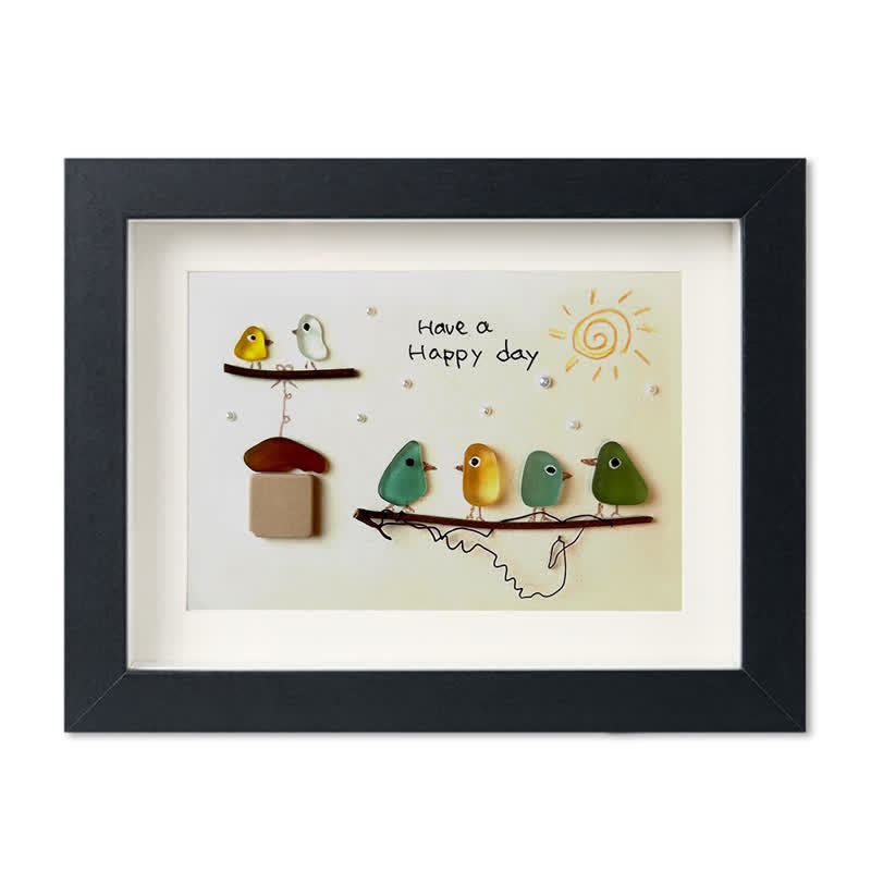 "Have a Happy Day" Cheerful Birdhouse Sea Glass Framed Art - Black - 6" X 8" - image 13