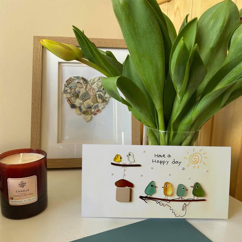 "Have a Happy Day" Cheerful Birdhouse Sea Glass Framed Art - Seaglass Card - 6" X 8" - image 1