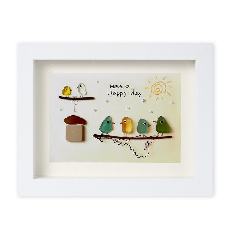 "Have a Happy Day" Cheerful Birdhouse Sea Glass Framed Art - White - 6" X 8" - image 14