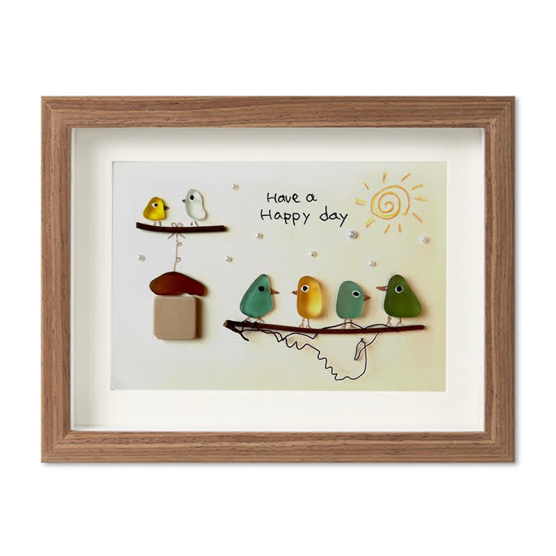 "Have a Happy Day" Cheerful Birdhouse Sea Glass Framed Art - Walnut Brown - 6" X 8" - image 12