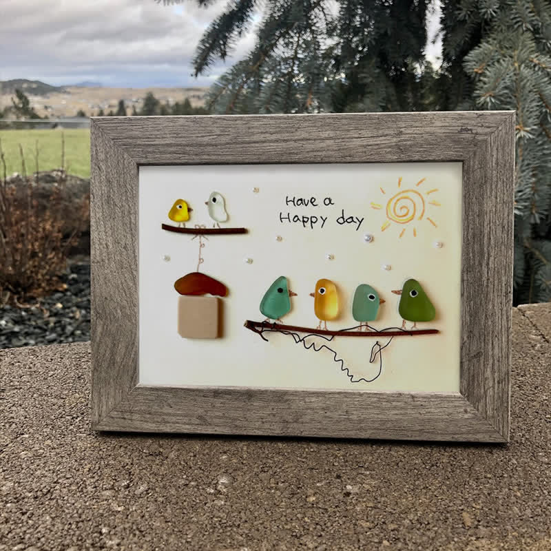 "Have a Happy Day" Cheerful Birdhouse Sea Glass Framed Art - image 0