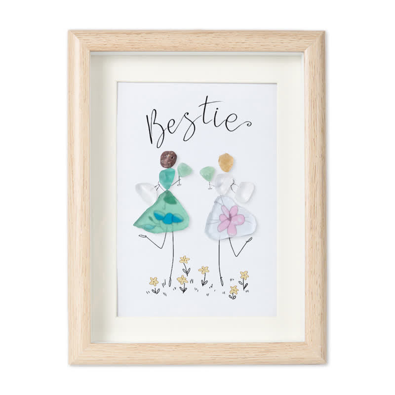 Cheers To My Bestie Sea Glass Framed Art - Oak - 8" X 6" - image 9