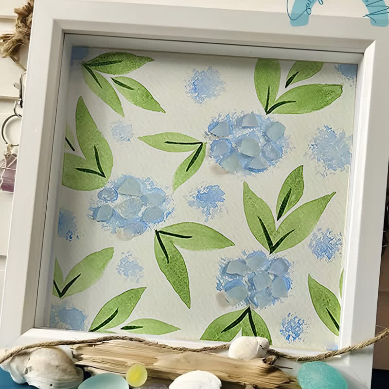 Blue Hydrangea Floral Sea Glass Framed Art - image 3