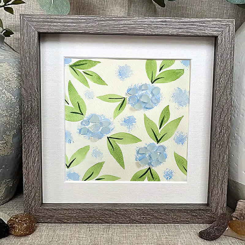 Blue Hydrangea Floral Sea Glass Framed Art - image 0