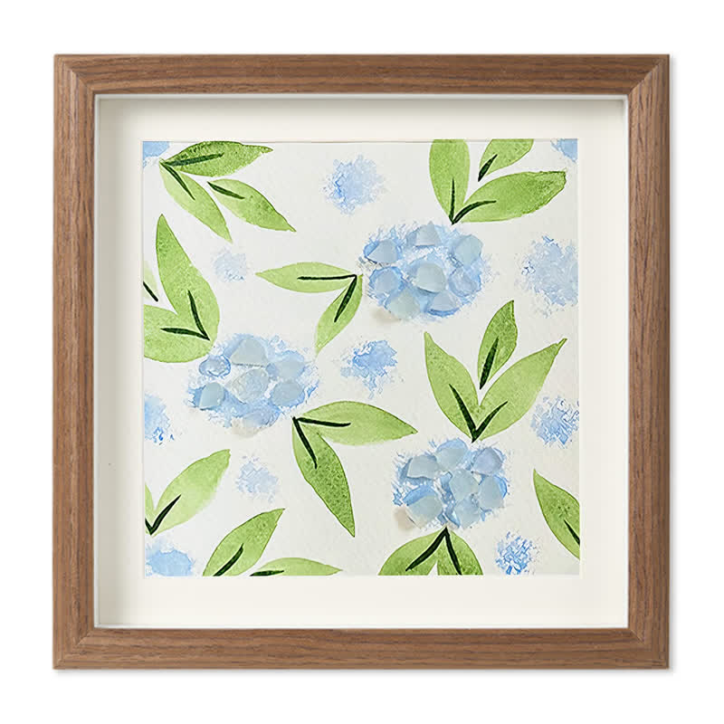 Blue Hydrangea Floral Sea Glass Framed Art - Walnut Brown - 8" X 8" - image 11
