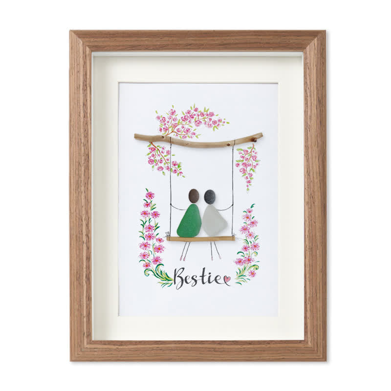 Bestie Sitting On The Swing Around Blossom Flower Sea Glass Framed Art - Walnut Brown - 8" X 6" - image 10