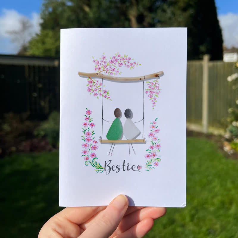 Bestie Sitting On The Swing Around Blossom Flower Sea Glass Framed Art - Seaglass Card - 8" X 6" - image 1