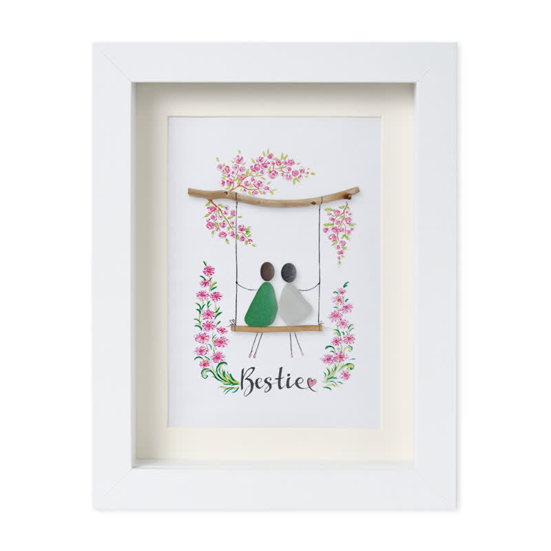 Bestie Sitting On The Swing Around Blossom Flower Sea Glass Framed Art - White - 8" X 6" - image 12
