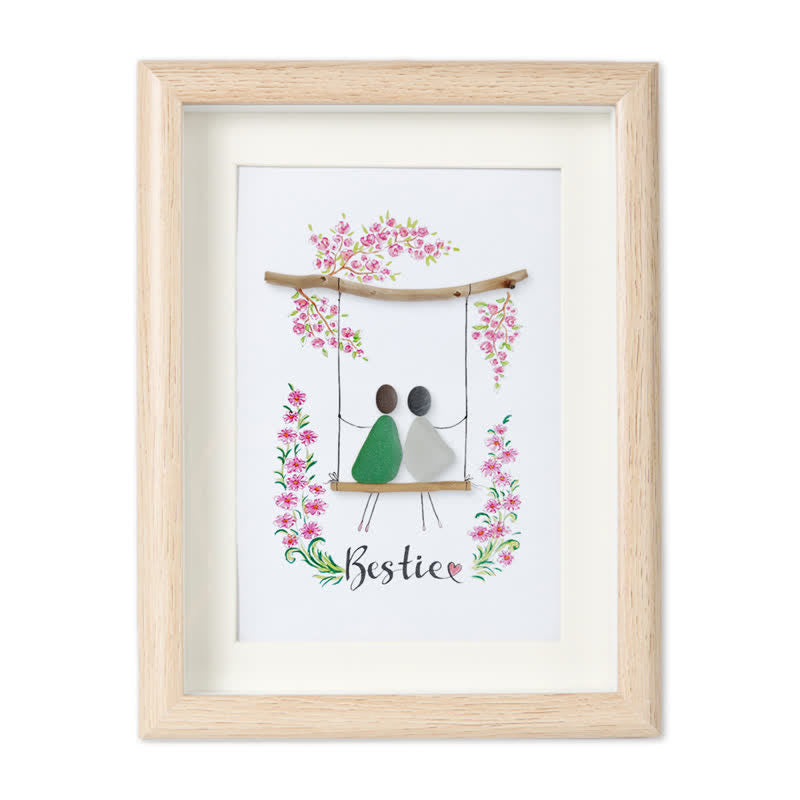 Bestie Sitting On The Swing Around Blossom Flower Sea Glass Framed Art - Oak - 8" X 6" - image 9