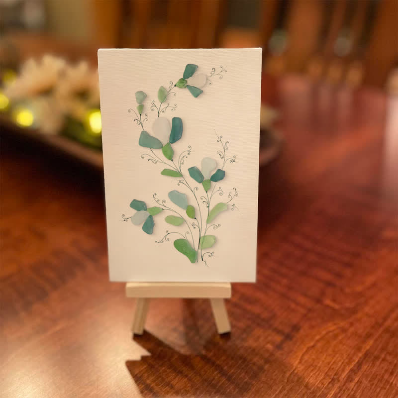 Green And White Fresh Flower Sea Glass Framed Art - Seaglass Card - 8" X 6" - image 1