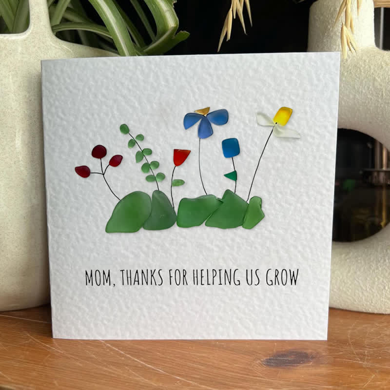 Mom Thanks For Helping Us Grow Sea Glass Framed Art - Seaglass Card - 8" X 8" - image 1