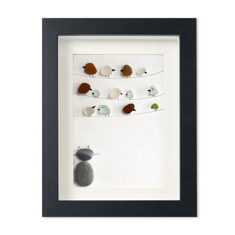 Birds On A Wire & Curious Cat Sea Glass Framed Art - Black - 6" X 8" - image 11