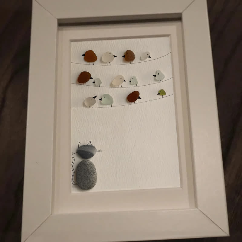 Birds On A Wire & Curious Cat Sea Glass Framed Art - image 8