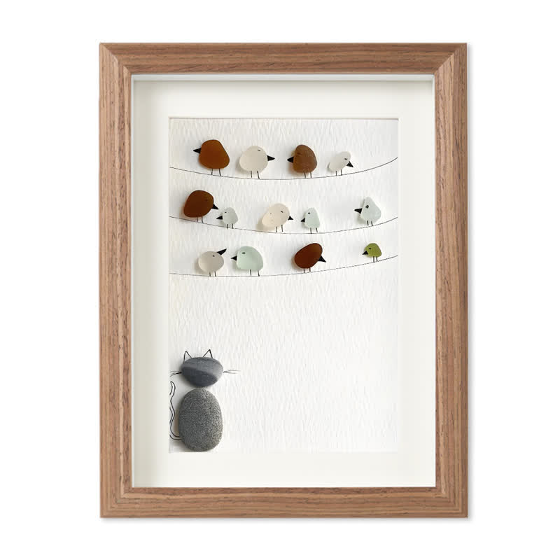 Birds On A Wire & Curious Cat Sea Glass Framed Art - Walnut Brown - 6" X 8" - image 10