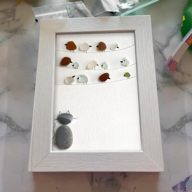 Birds On A Wire & Curious Cat Sea Glass Framed Art - image 4
