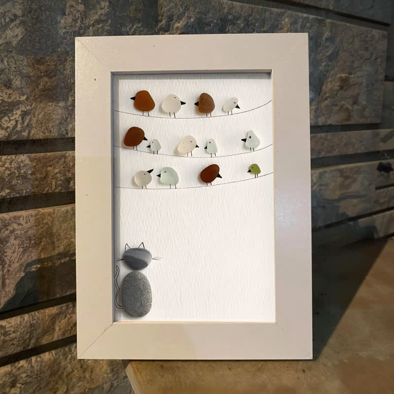Birds On A Wire & Curious Cat Sea Glass Framed Art - image 0