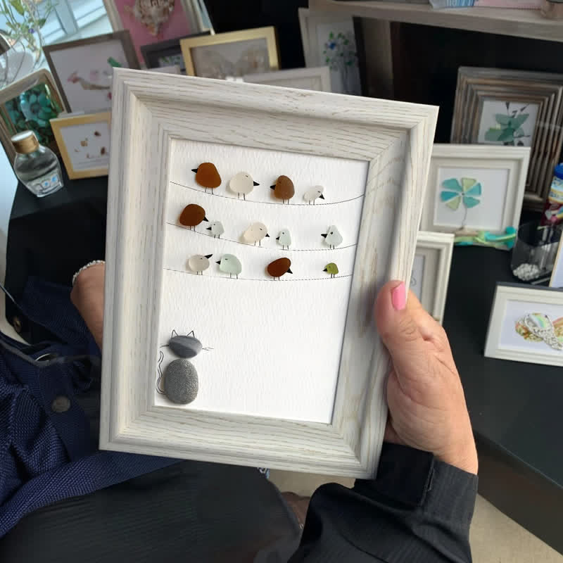 Birds On A Wire & Curious Cat Sea Glass Framed Art - image 2