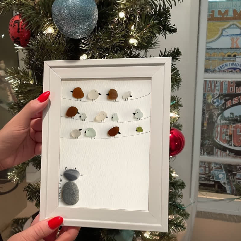 Birds On A Wire & Curious Cat Sea Glass Framed Art - image 5