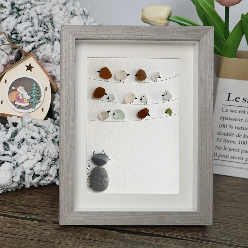 Birds On A Wire & Curious Cat Sea Glass Framed Art - image 6