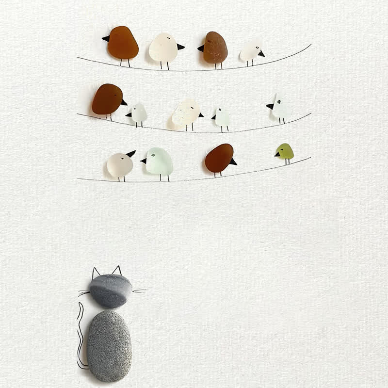 Birds On A Wire & Curious Cat Sea Glass Framed Art - Seaglass Card - 6" X 8" - image 1