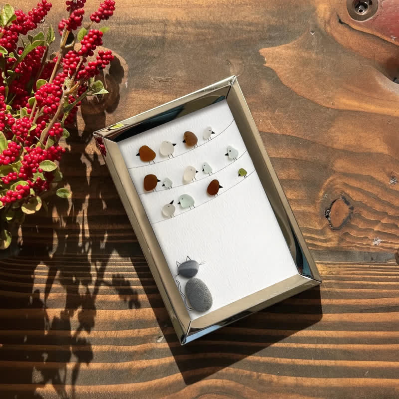 Birds On A Wire & Curious Cat Sea Glass Framed Art - image 7