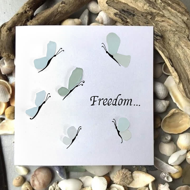 "Freedom..." Butterflies Sea Glass Framed Art - Seaglass Card - 8" X 8" - image 1