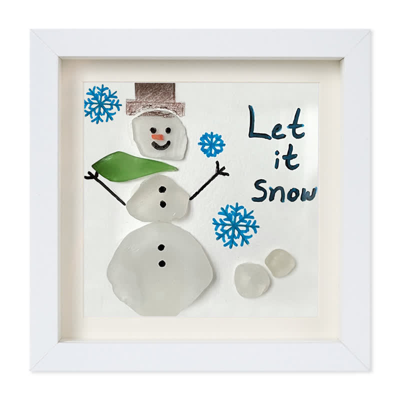 "Let It Snow" Snowman Sea Glass Framed Art - White - 8" X 8" - image 13