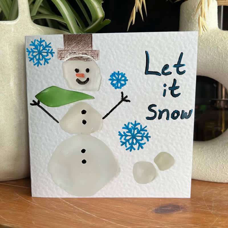 "Let It Snow" Snowman Sea Glass Framed Art - Seaglass Card - 8" X 8" - image 1