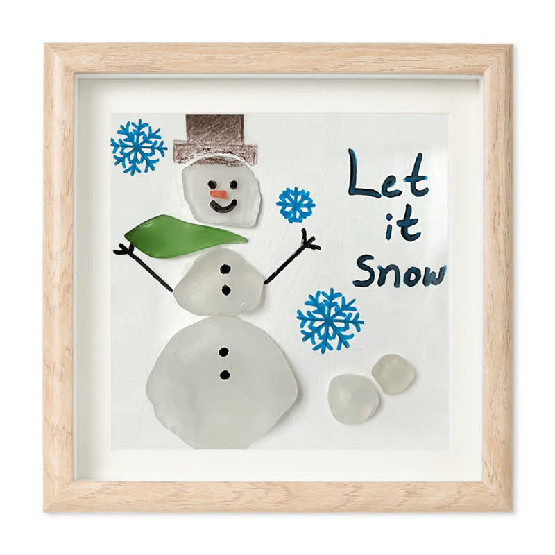 "Let It Snow" Snowman Sea Glass Framed Art - Oak - 8" X 8" - image 10